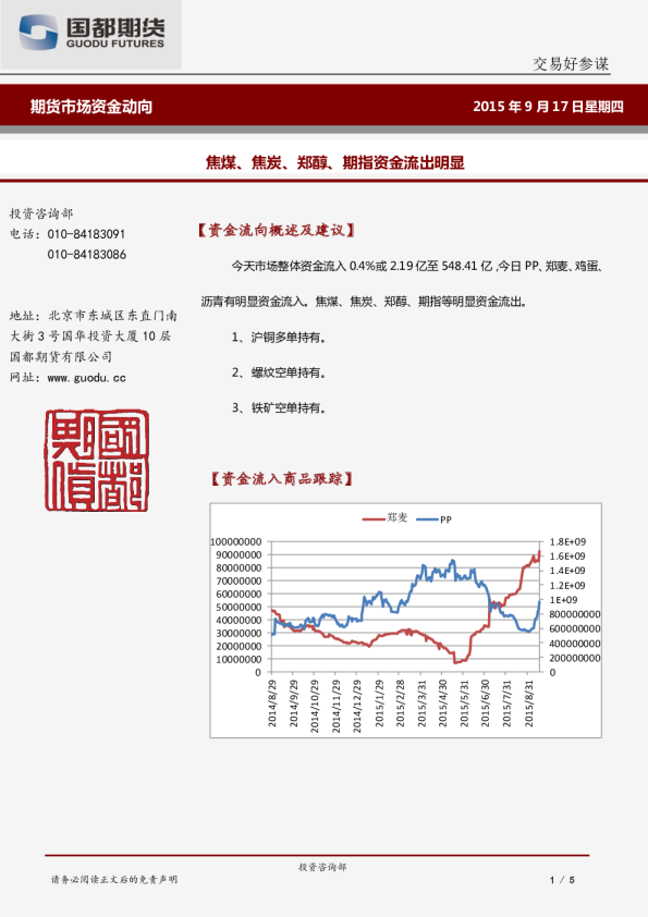 期货市场资金动向：焦煤、焦炭、郑醇、期指资金流出明显