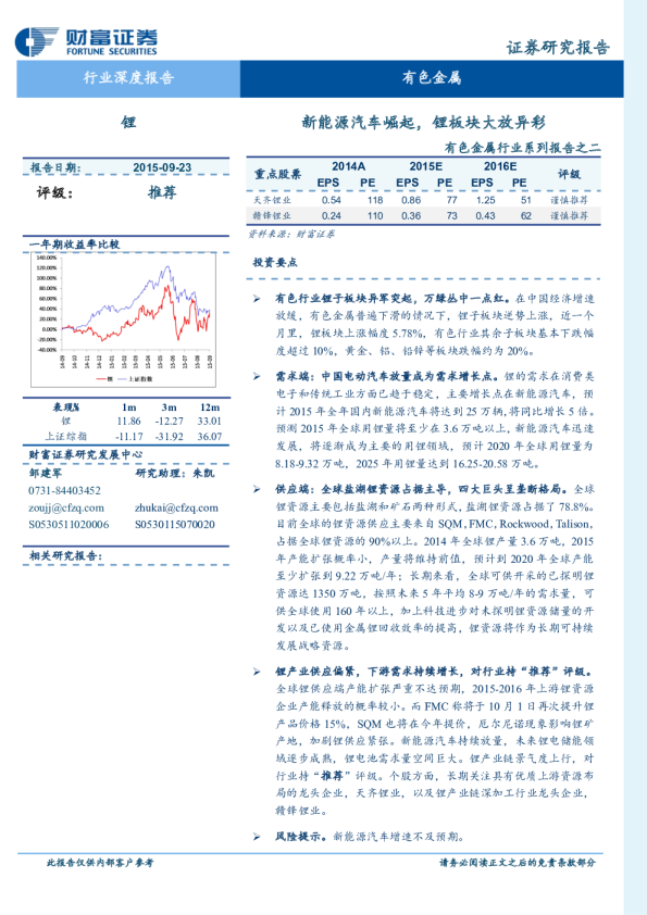 有色金属行业系列报告之二：新能源汽车崛起，锂板块大放异彩