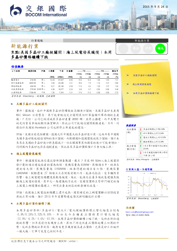 新能源行业：焦点,美国多晶硅工厂拟关闭;海上风电发展缓慢;本周多晶硅价格继续下跌