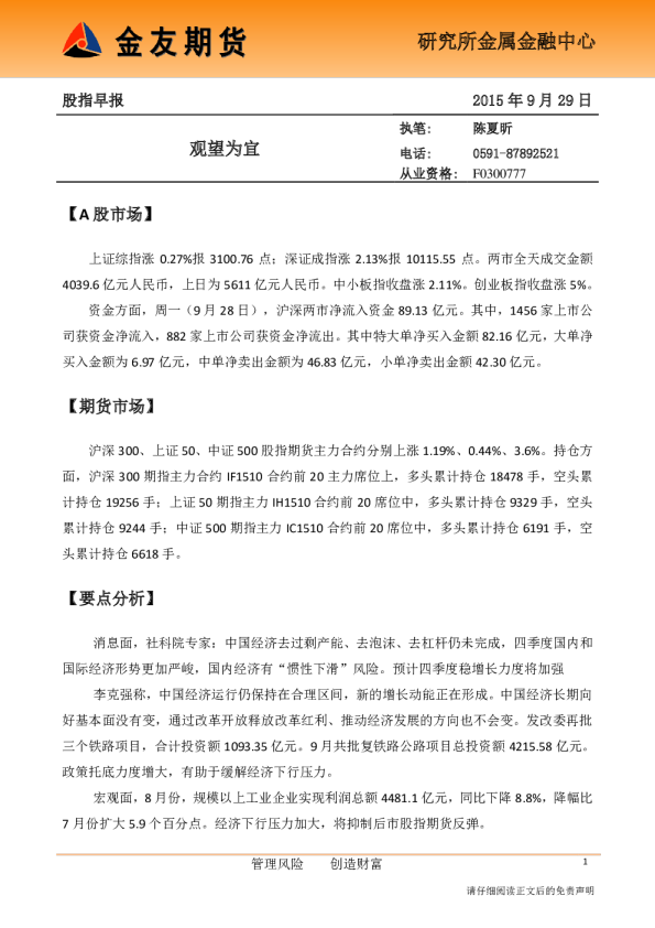 股指早报：观望为宜