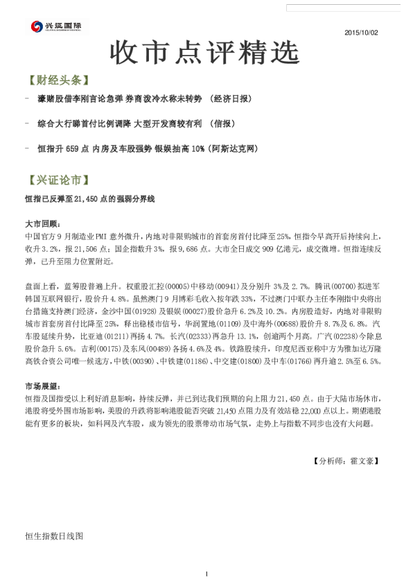 兴证(香港)金融收市点评精选