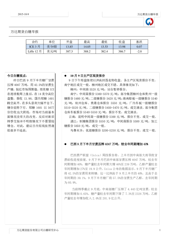 万达期货白糖早报