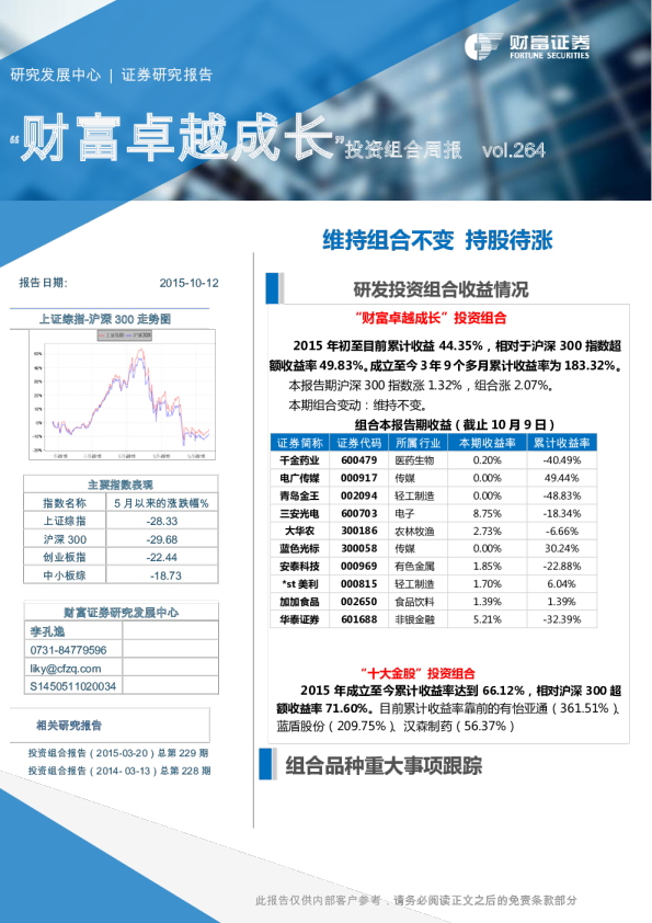 财富卓越成长投资组合周报