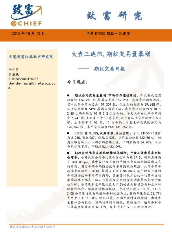 期权交易日报：大盘三连阳，期权交易量暴增