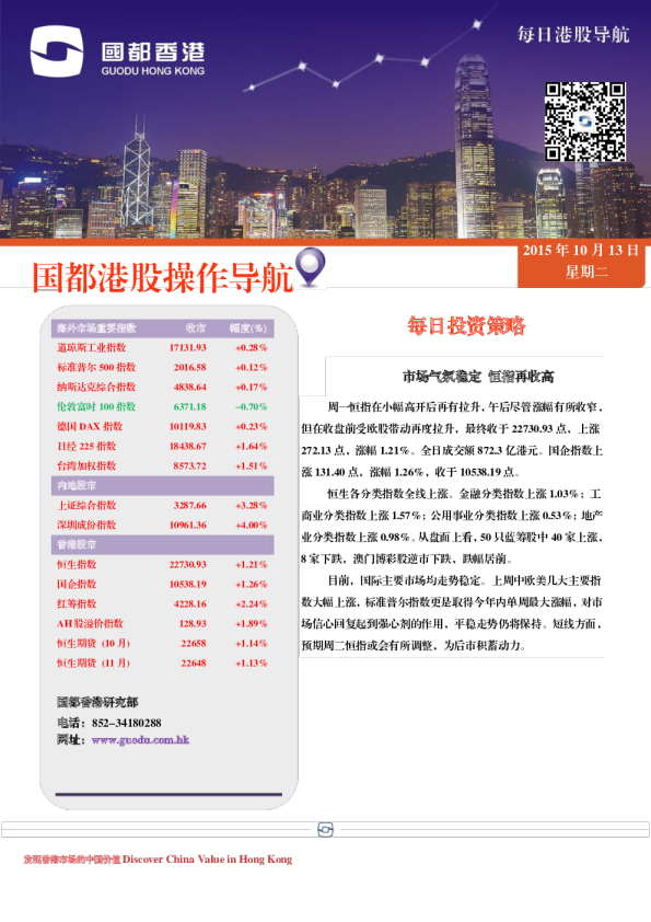 每日投资策略：市场气氛稳定 恒指再收高