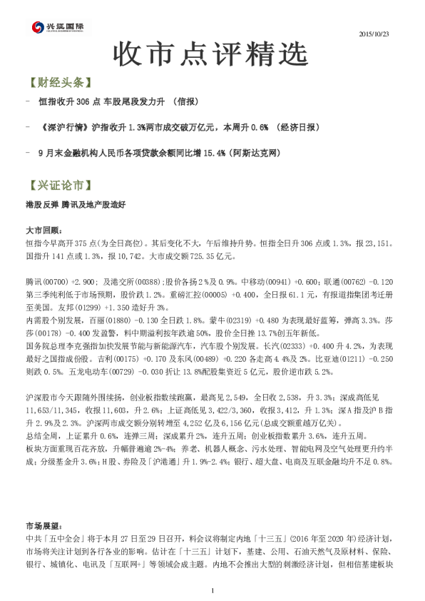 兴证(香港)金融收市点评精选