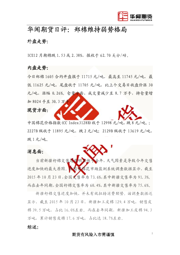 日评：郑棉维持弱势格局