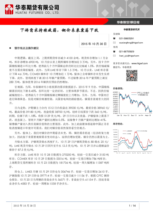 铜日报：下游需求持续疲弱,铜价未来震荡下跌