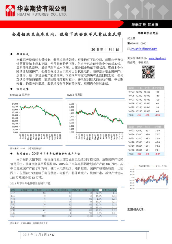 铝周报：金属铝跌至成本区间,短期下跌动能不足需注意反弹