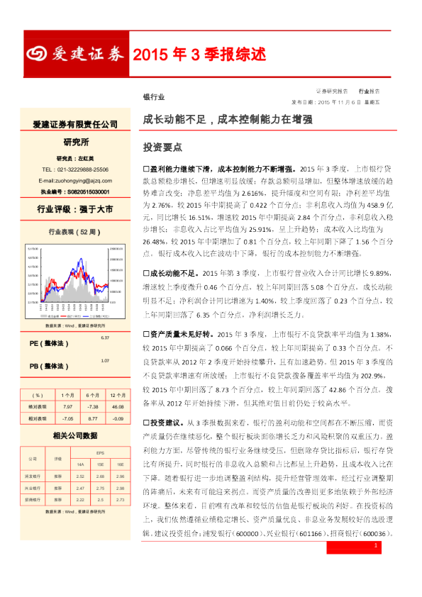 银行业2015年3季报综述：成长动能不足,成本控制能力在增强