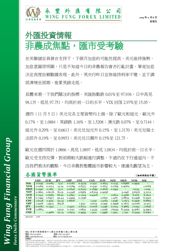 永丰外汇投资情报：非农成焦点，汇市受考验