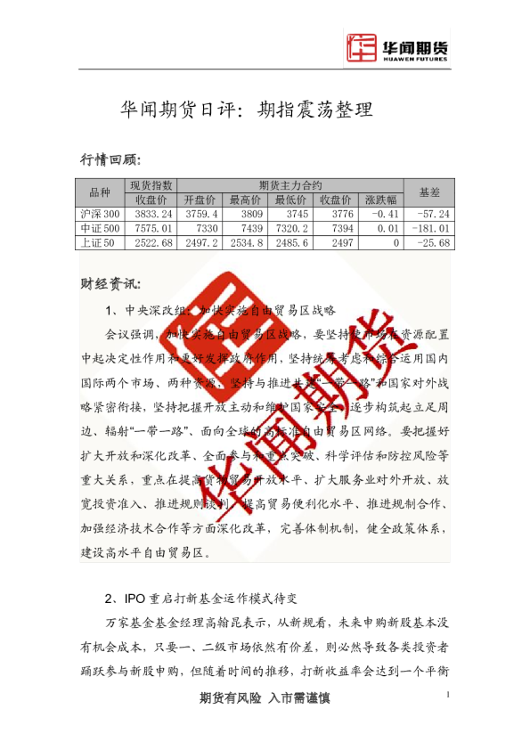 日评：期指震荡整理