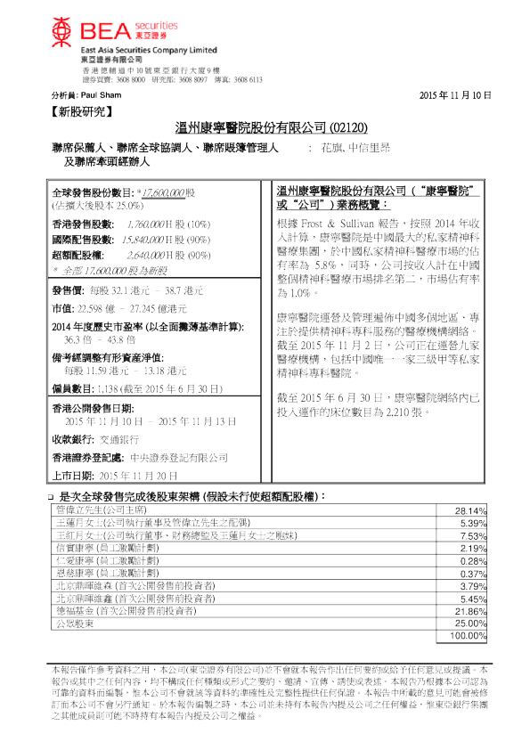 新股研究：温州康宁医院股份有限公司