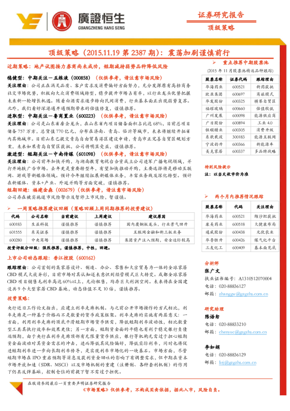 顶级策略（2015.11.19第2387期）：震荡加剧谨慎前行