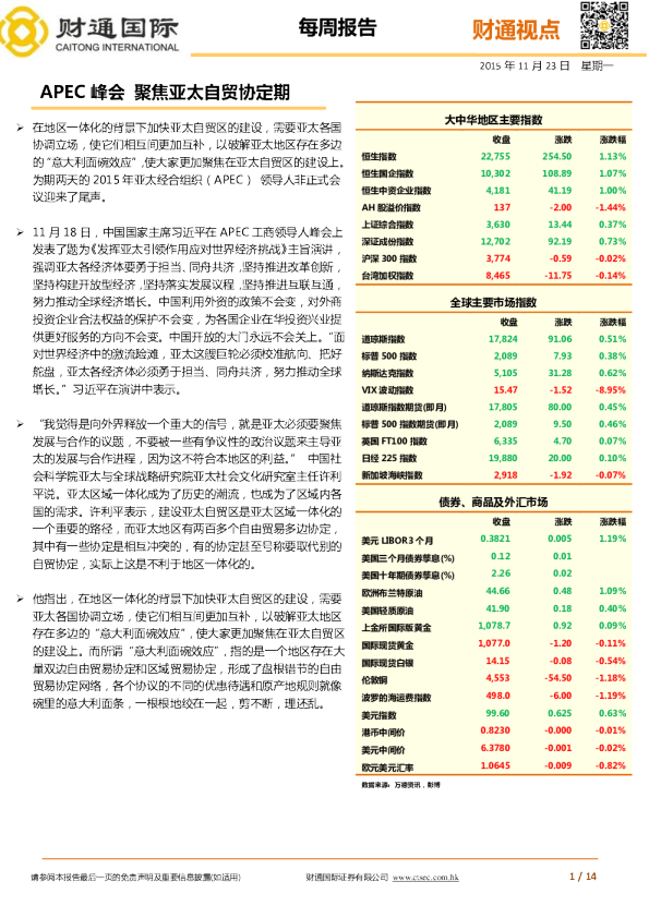 每周报告：APEC峰会 聚焦亚太自贸协定期