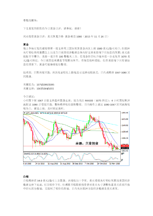 黄金日评：美元恢复升势 黄金难迈1080