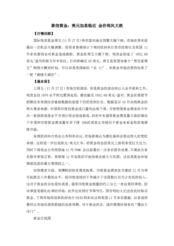 美元加息临近 金价闻风大跌