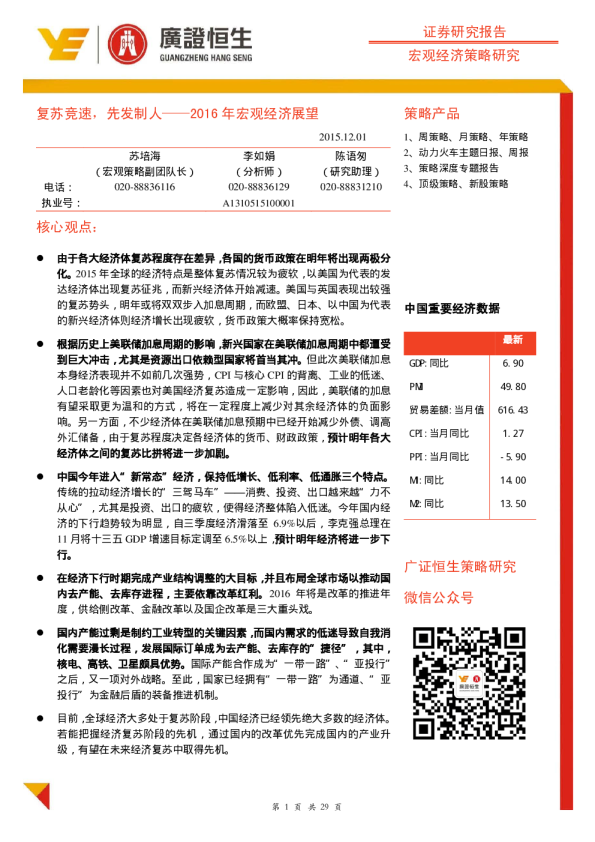2016年宏观经济展望：复苏竞速，先发制人