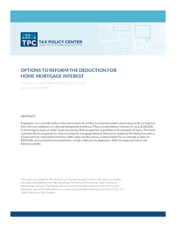 Options to Reform the Deduction for Home Mortgage Interest