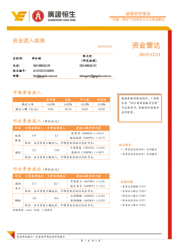 “共振﹒转折”产品系列之主力资金雷达：资金流入休闲-资金雷达