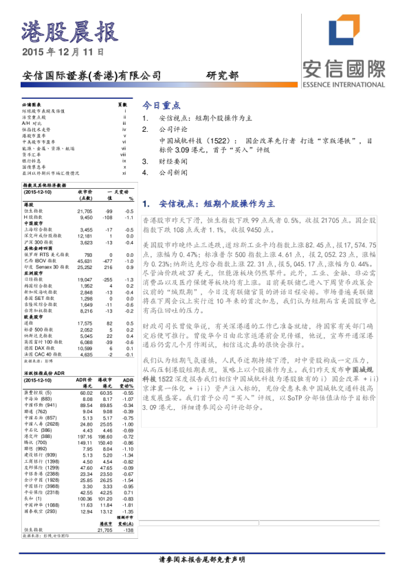 港股晨报