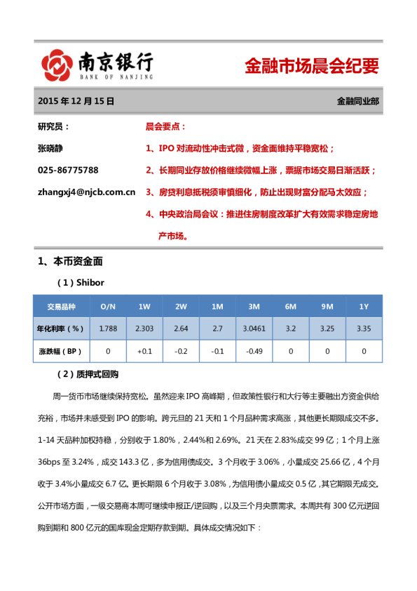 金融市场晨会纪要