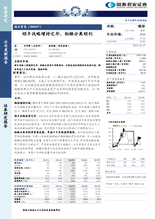 炼石有色：顺丰战略增持完毕，钼铼分离顺利