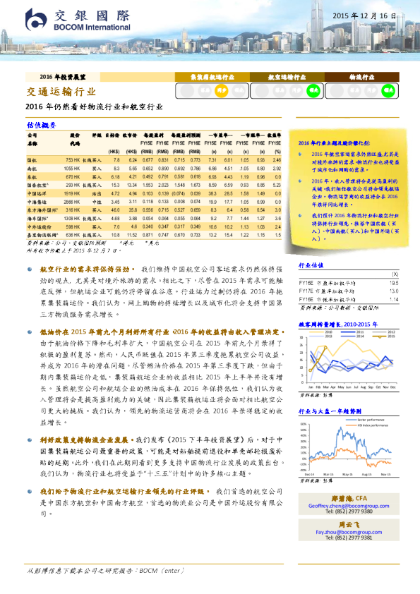 交通运输行业2016投资展望：2016年仍然看好物流行业和航空行业