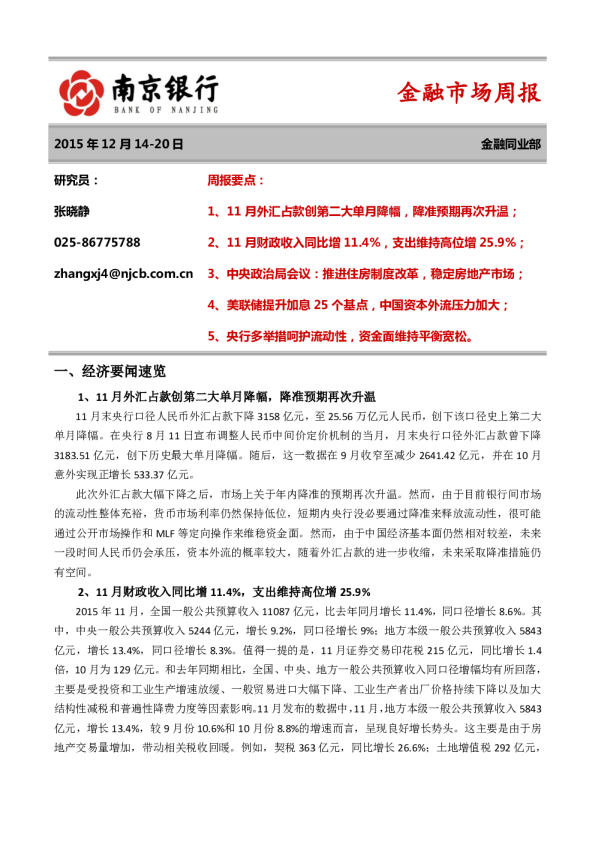 南京银行金融市场周报