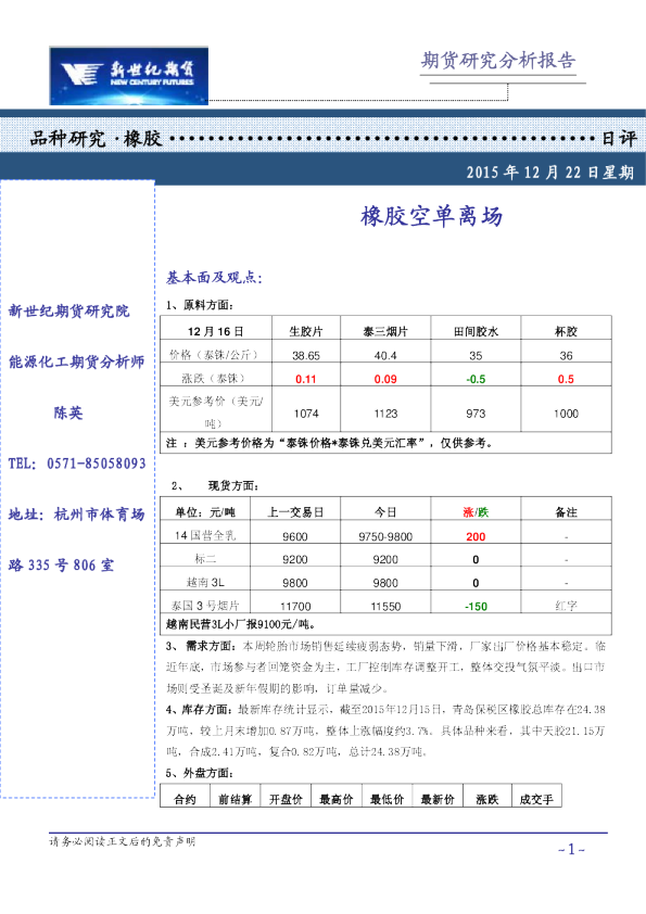 橡胶日评：橡胶空单离场
