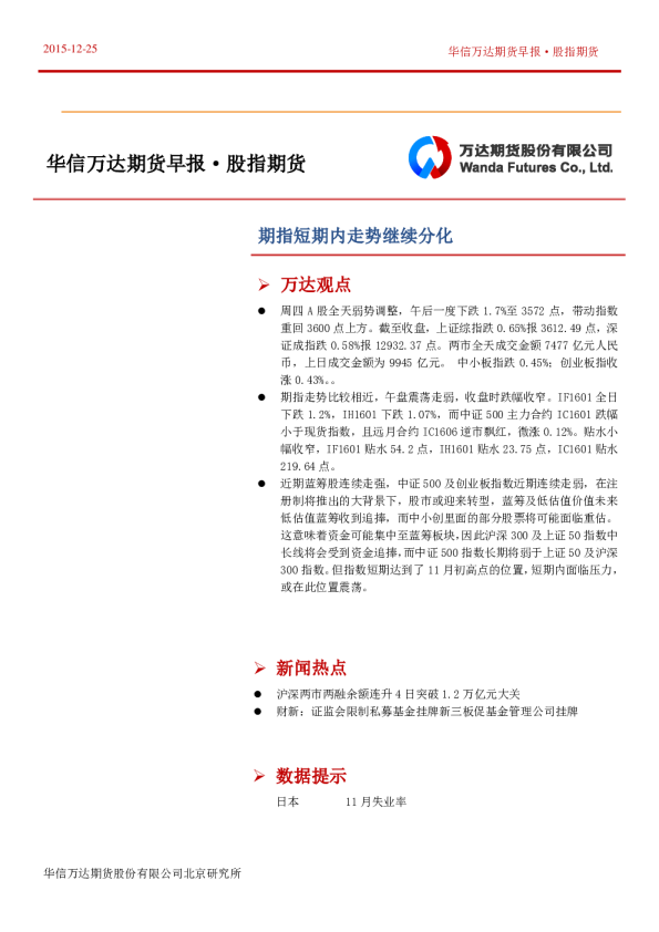 股指期货：期指短期内走势继续分化