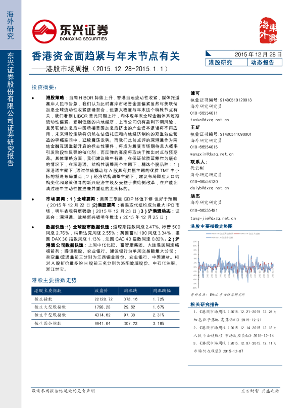 港股市场周报：香港资金面趋紧与年末节点有关