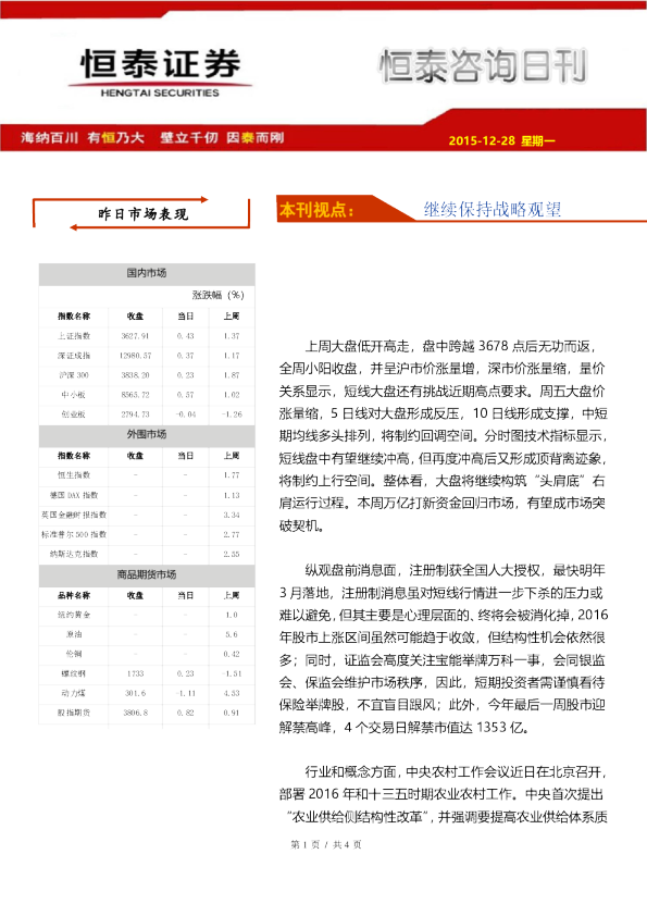 恒泰资询日刊：继续保持战略观望