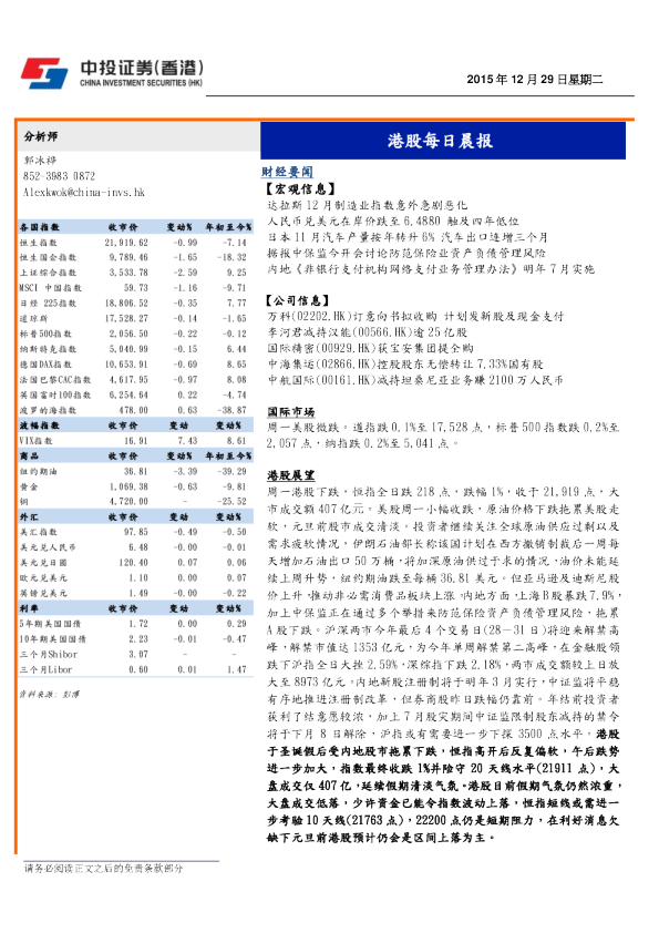 港股每日晨报
