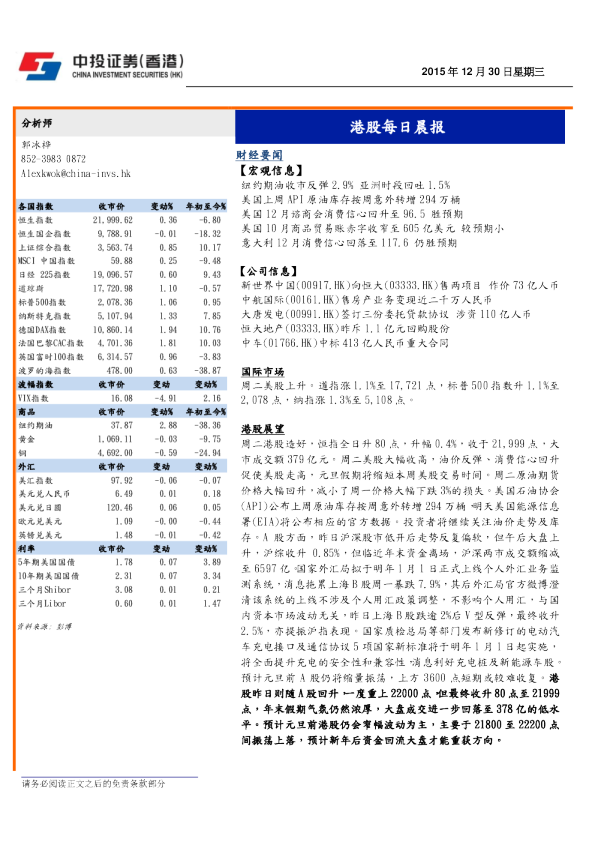 港股每日晨报