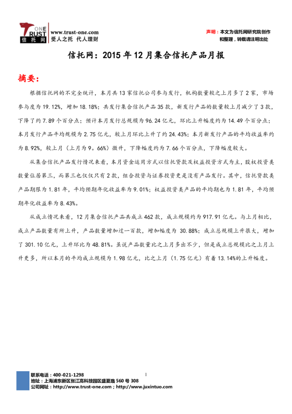 信托：2015年12月集合信托产品月报