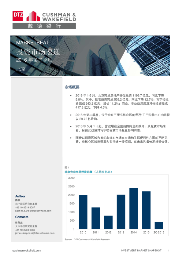 MARKETBEAT - 北京投资市场速递 - Q2 2016
