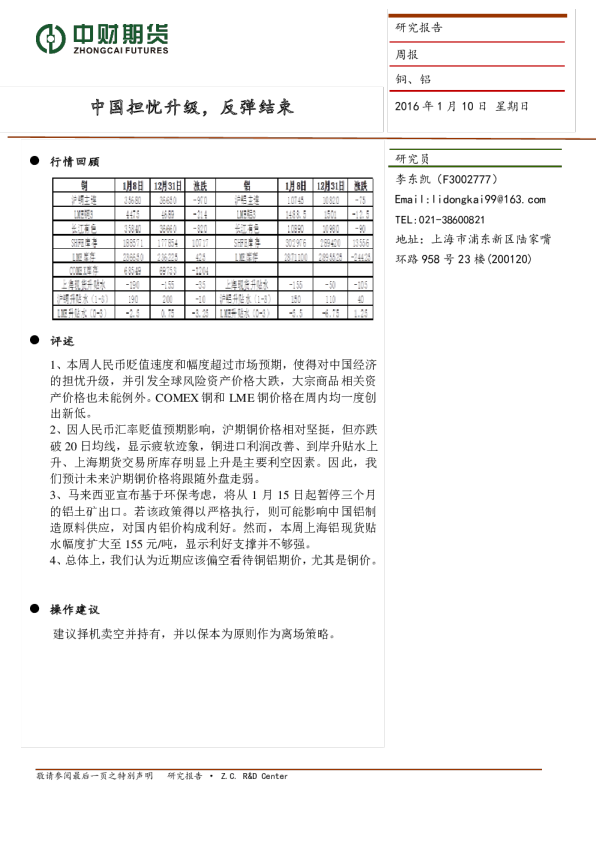 铜、铝周报：中国担忧升级，反弹结束