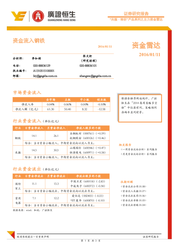“共振·转折”产品系列之主力资金雷达：资金流入钢铁