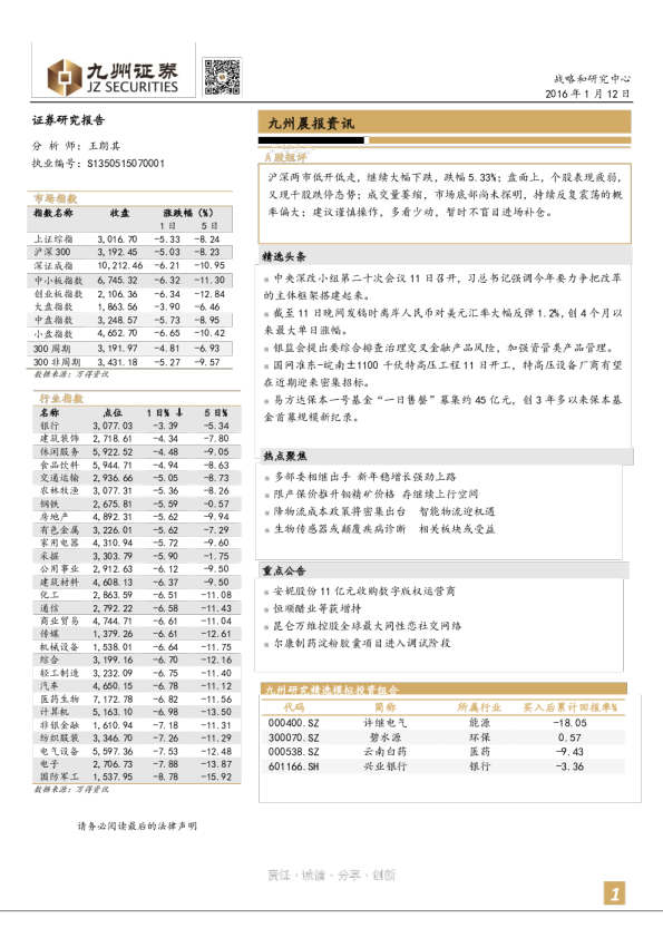 九州晨报资讯2016-1-12