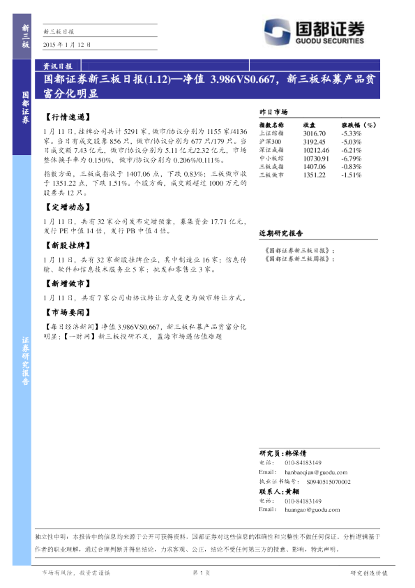 新三板日报：净值3.986VS0.667，新三板私募产品贫富分化明显