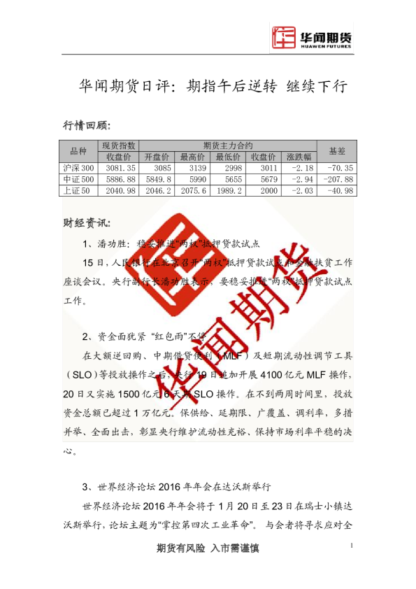 日评：期指午后逆转 继续下行
