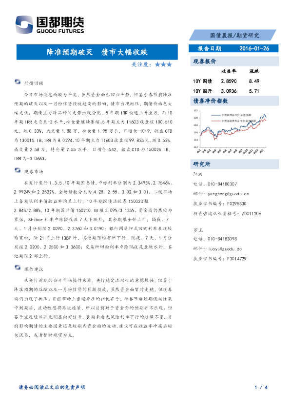 国债晨报：降准预期破灭 债市大幅收跌