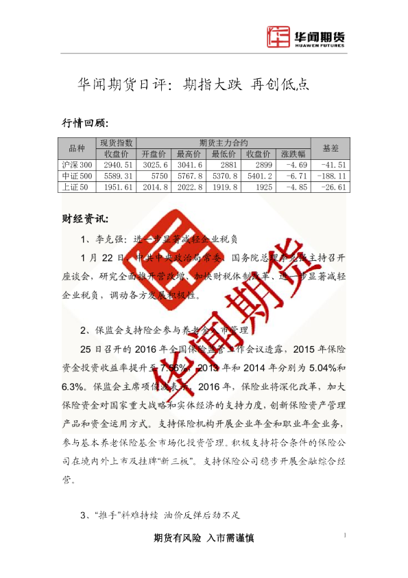 日评：期指大跌 再创低点