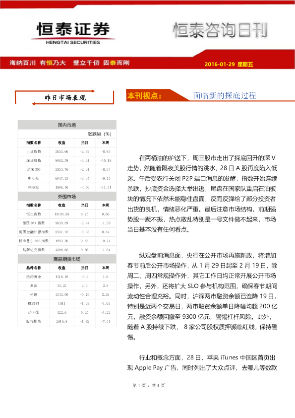恒泰资讯日刊：面临新的探底过程