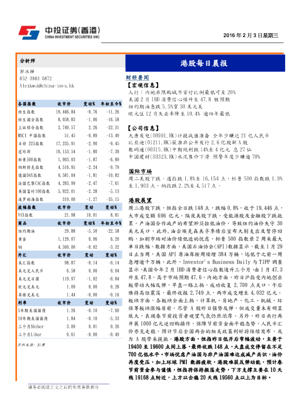 港股每日晨报
