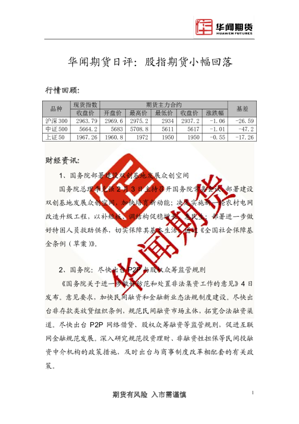 日评：股指期货小幅回落