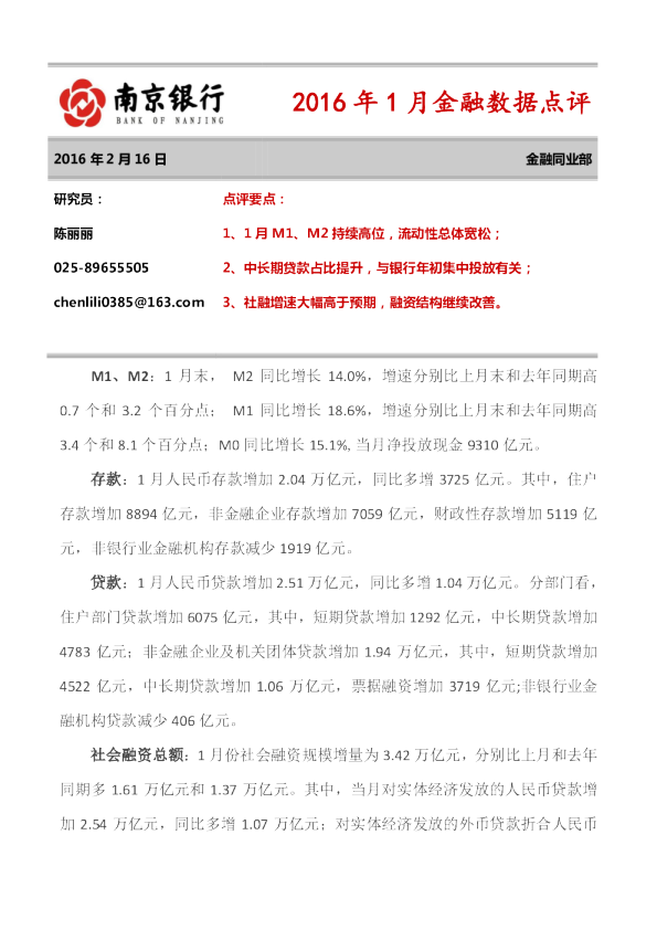 2016年1月金融数据点评