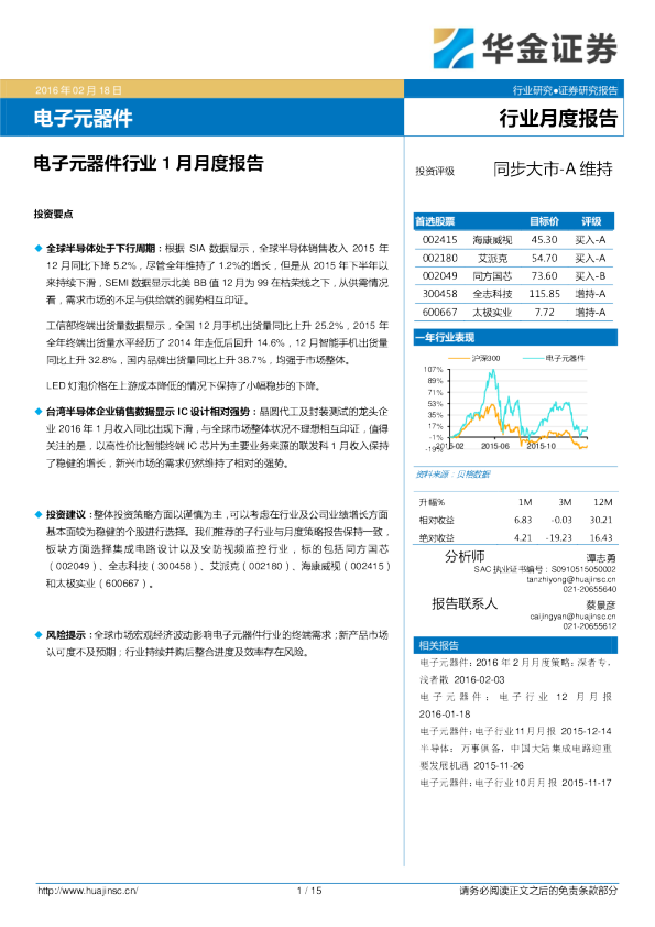 电子元器件行业1月月度报告
