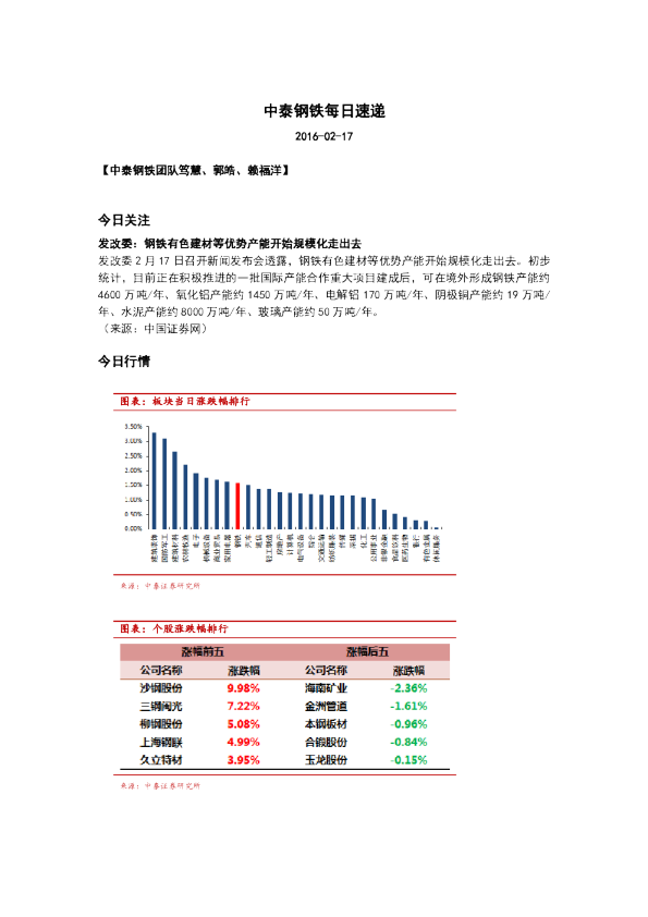中泰证券钢铁行业每日速递